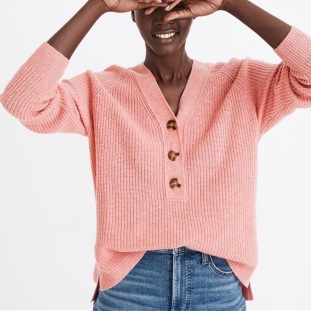 MADEWELL pink ribbed Lyle Henley wool v-neck sweater XXS MA741